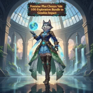 An anthropomorphic Husky character in fantasy attire, surrounded by elements representing exploration content in the Fontaine and Chenyu Vale regions.