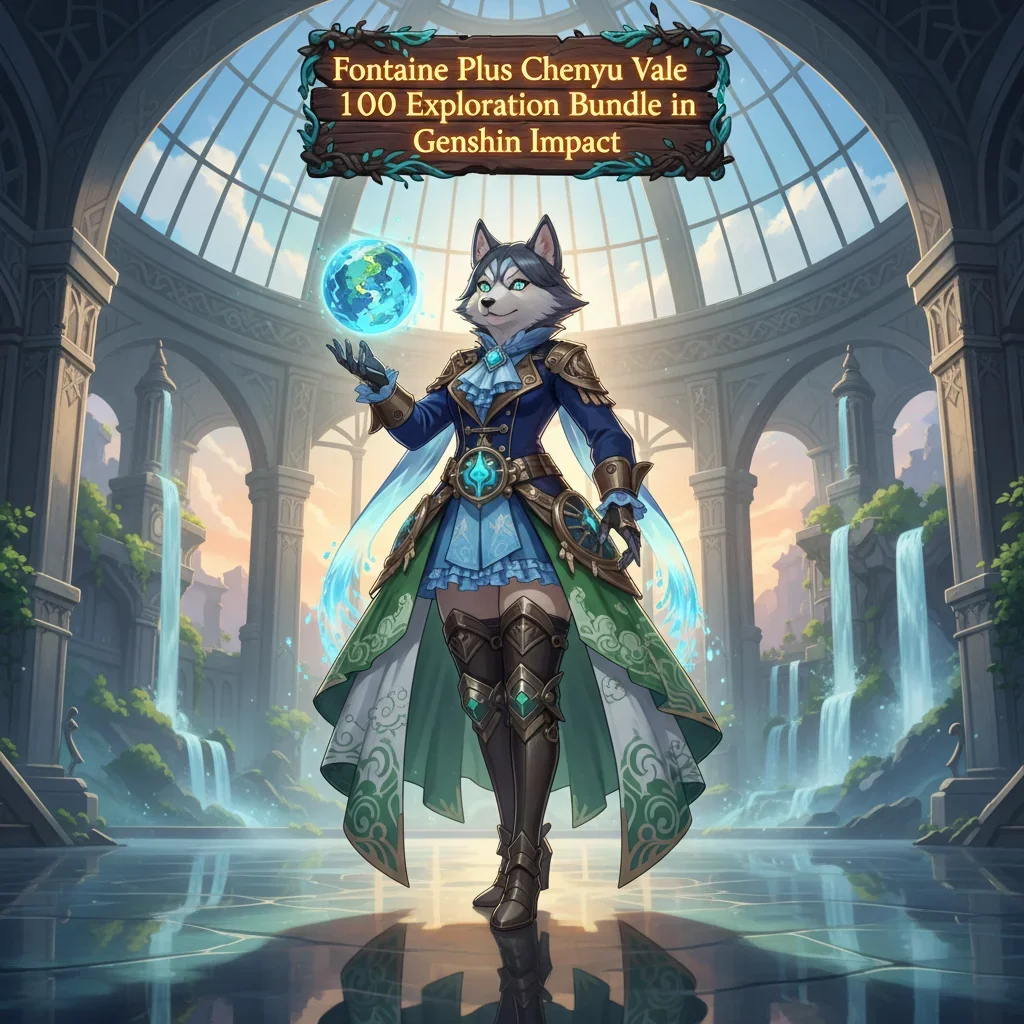 An anthropomorphic Husky character in fantasy attire, surrounded by elements representing exploration content in the Fontaine and Chenyu Vale regions.