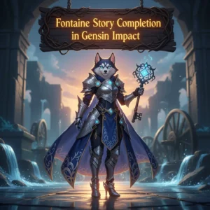 Anthropomorphic Husky character in fantasy attire, inspired by Genshin Impact's Fontaine region story content.