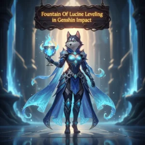 An anthropomorphic Husky character in fantasy attire standing next to a glowing blue Fountain of Lucine in ancient ruins.