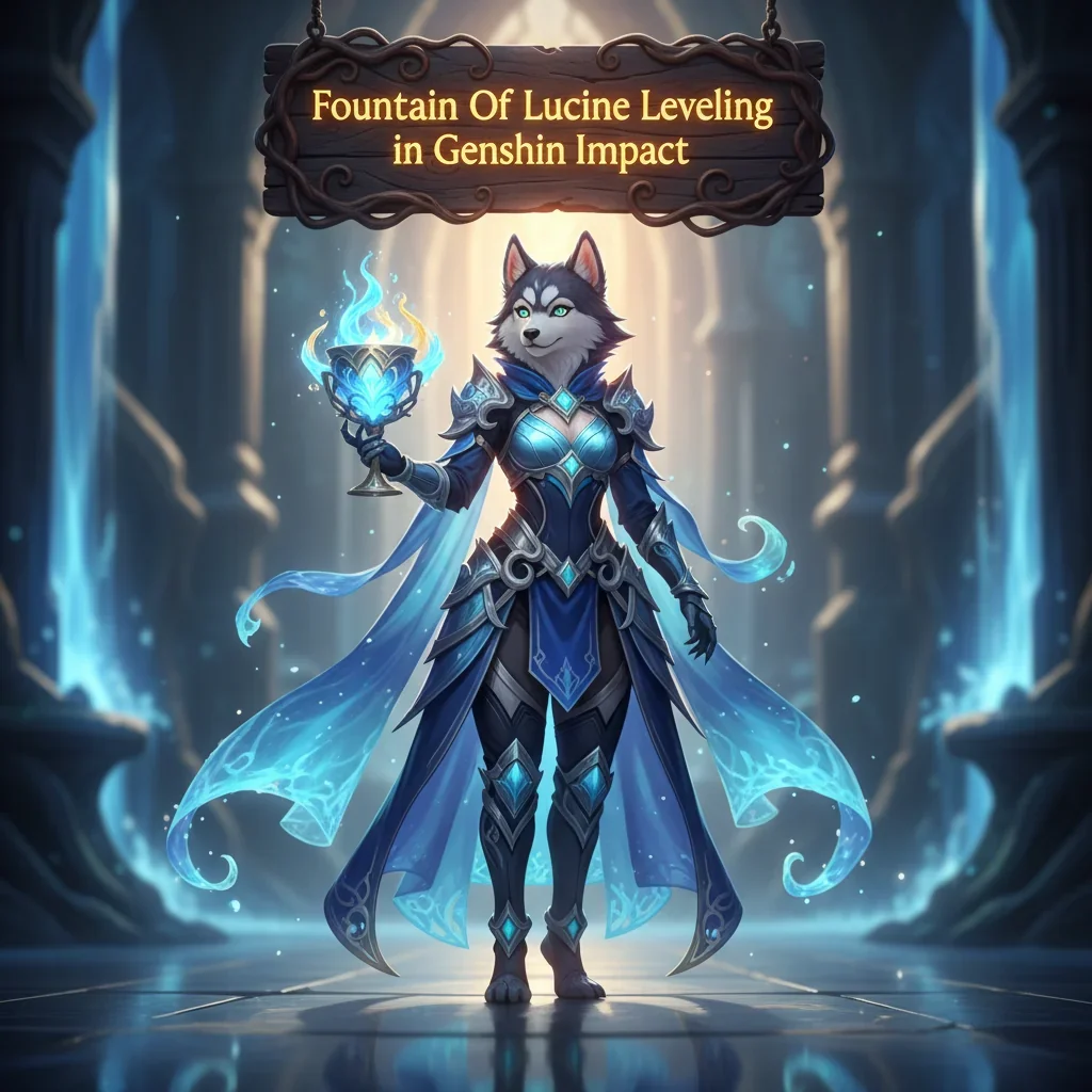 An anthropomorphic Husky character in fantasy attire standing next to a glowing blue Fountain of Lucine in ancient ruins.