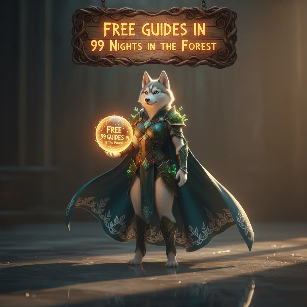Screenshot from the game 99 Nights in the Forest showing various in-game guides and tips provided by Huskyboost.com