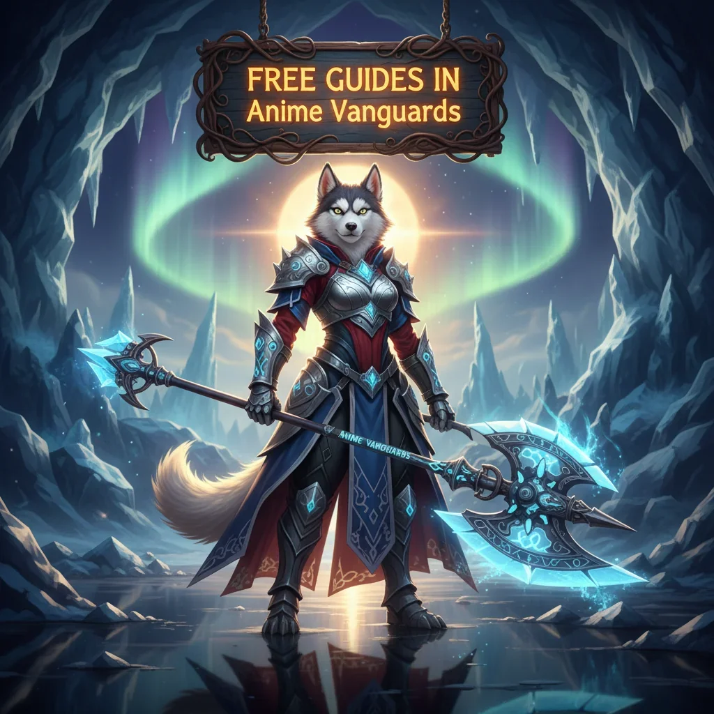Anime Vanguards Free Guides - Characters in dynamic poses with game elements and 'Free Guides' title