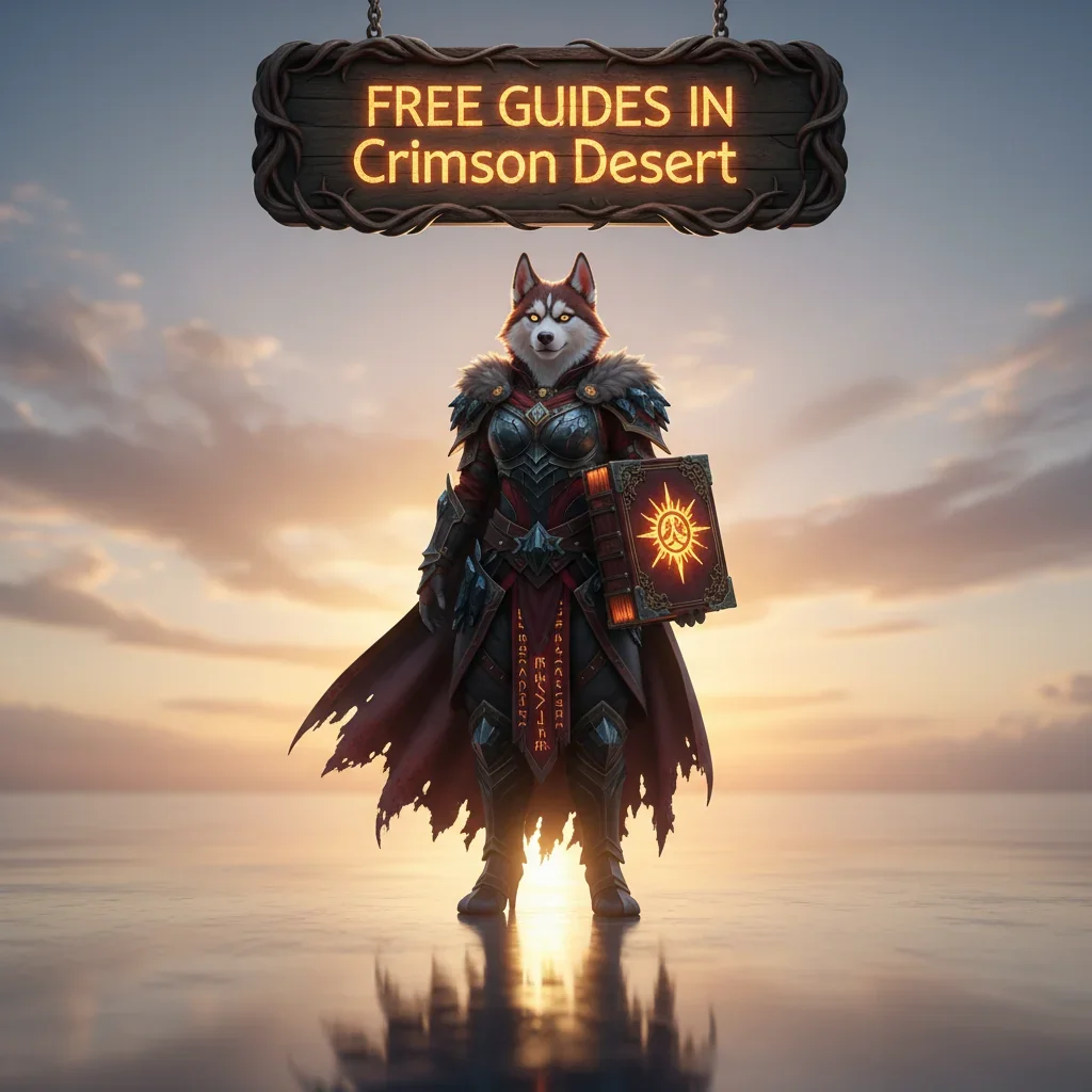 Two adventurers exploring a vibrant, crimson-hued desert landscape with ancient ruins and a large, fantastical creature in the distance, promoting free guides for the Crimson Desert game.