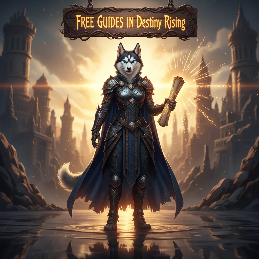 Free guides in Destiny Rising on Huskyboost.com, featuring game characters and power-ups.