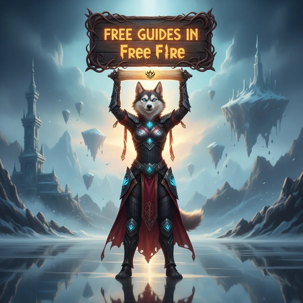 Free Fire game characters celebrating with 'free guides' text overlay, vibrant and action-packed.