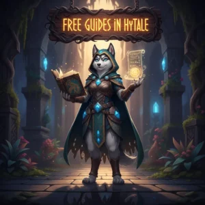 Hytale character standing next to a sign that says 'Free Guides' with a sword and shield, in a vibrant, blocky world.