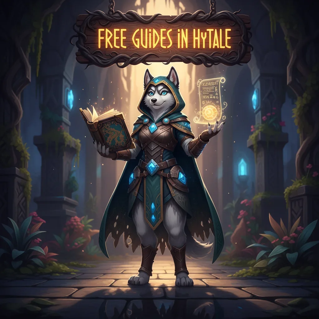 Hytale character standing next to a sign that says 'Free Guides' with a sword and shield, in a vibrant, blocky world.