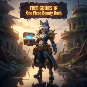 Screenshot from One Piece Bounty Rush game showing various characters and in-game action, with text overlay 'Free guides in One Piece Bounty Rush' and Huskyboost.com logo.