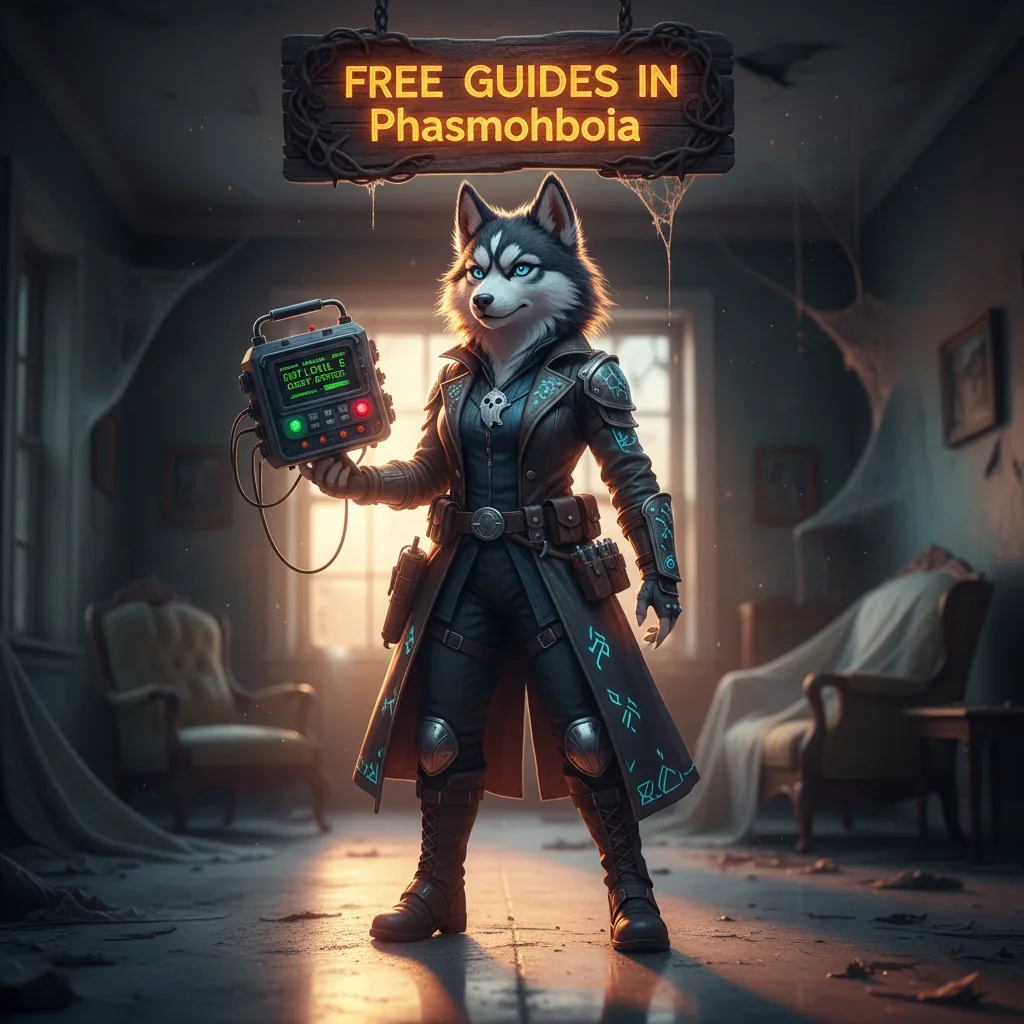Two players with flashlights investigate a haunted house, one holding a spirit box and the other a camera, with 'Free Guides in Phasmophobia' text overlay.