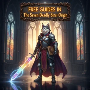 Screenshot of the game The Seven Deadly Sins: Origin with character icons and UI elements. The title 'Free Guides' is prominently displayed.