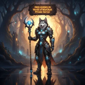 Free guides for World of Warcraft private servers, featuring character models and game elements.