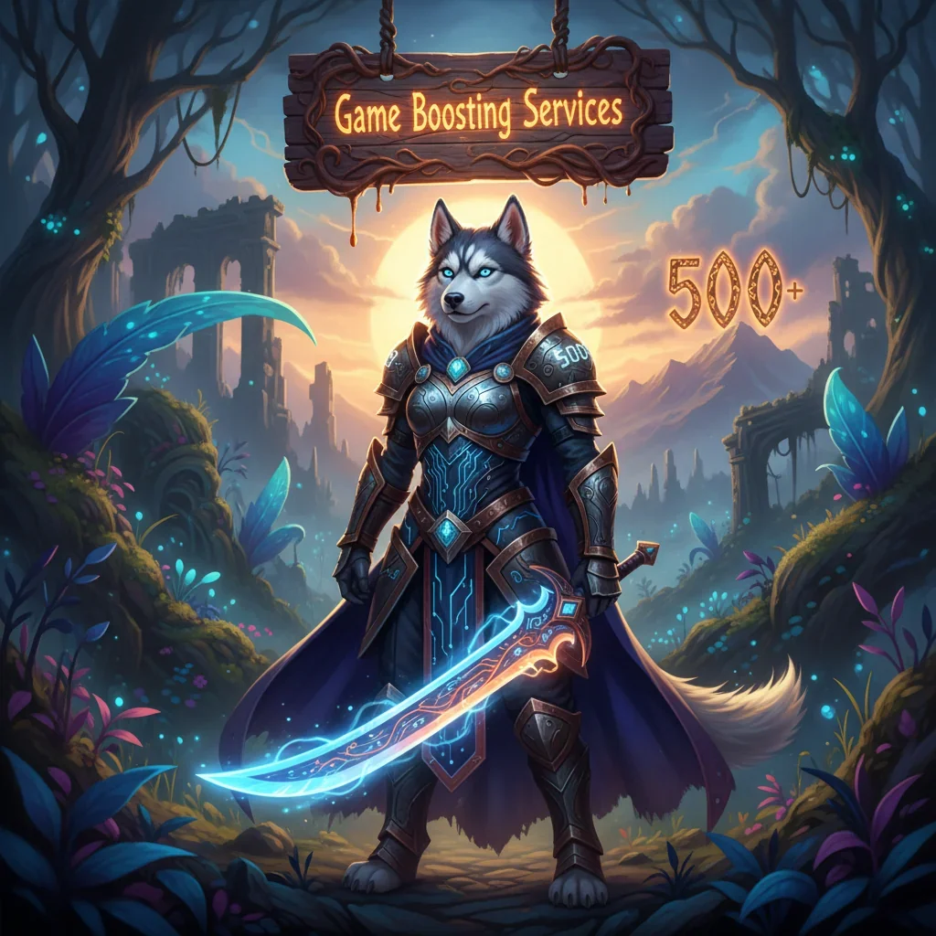 Anthropomorphic female Husky warrior in fantasy armor holding a sword in a game-inspired fantasy environment.