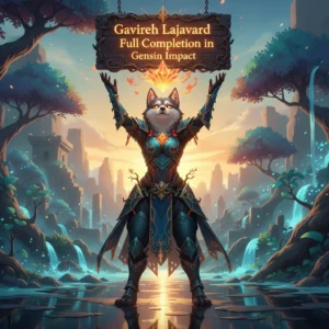 Fantasy artwork of an anthropomorphic Husky character in a desert-like environment, themed around Gavireh Lajavard content completion in Genshin Impact.