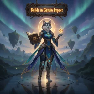 Genshin Impact characters with various weapons and artifacts, suggesting build optimization and boosting services
