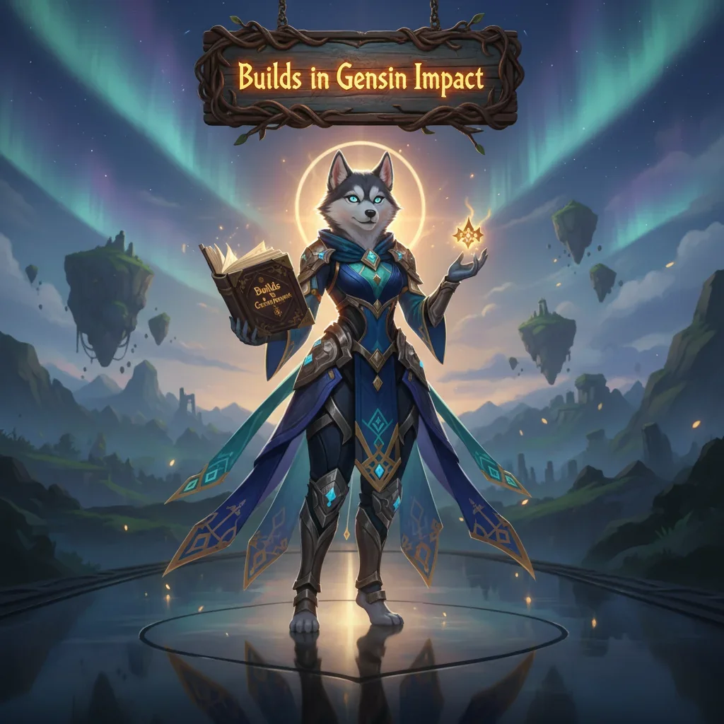 Genshin Impact characters with various weapons and artifacts, suggesting build optimization and boosting services