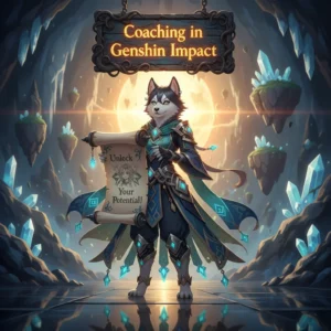 Genshin Impact Coaching Service logo featuring anime-style characters and game elements.