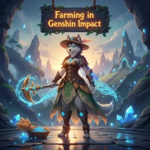 Genshin Impact character collecting resources in a vibrant, open-world environment, indicating farming and boosting services.