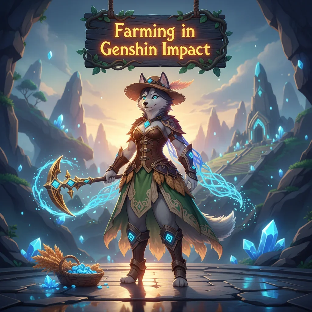 Genshin Impact character collecting resources in a vibrant, open-world environment, indicating farming and boosting services.