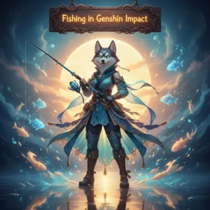 A character from Genshin Impact fishing, with a noticeable boost in activity or rewards, set against a vibrant in-game landscape.