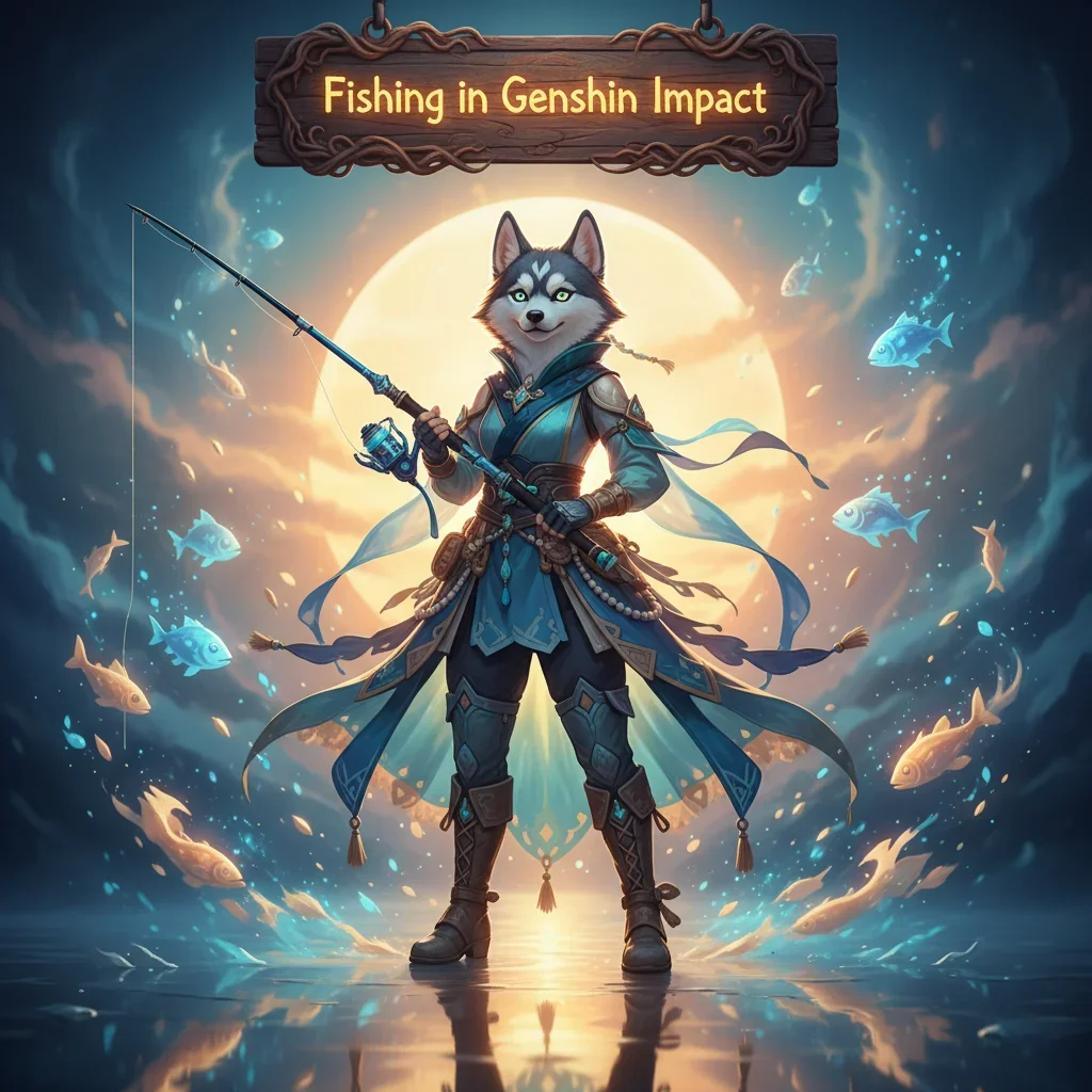 A character from Genshin Impact fishing, with a noticeable boost in activity or rewards, set against a vibrant in-game landscape.