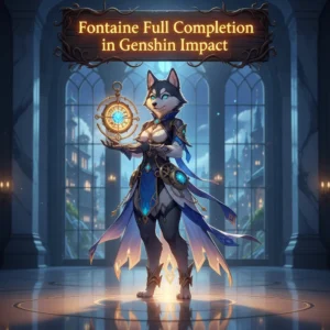 Genshin Impact Fontaine Full Completion Boost service on Huskyboost.com, featuring a character from Fontaine amidst its unique architecture and hydro elements.