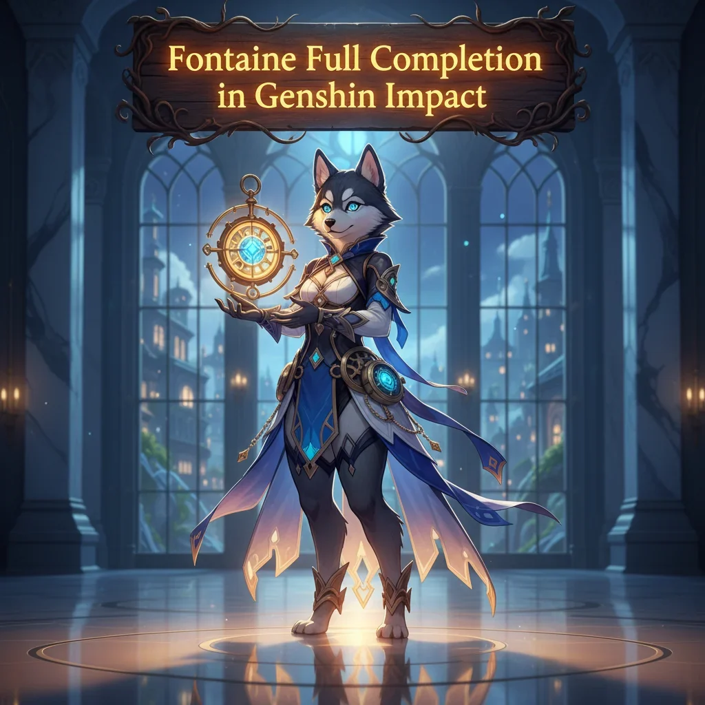 Genshin Impact Fontaine Full Completion Boost service on Huskyboost.com, featuring a character from Fontaine amidst its unique architecture and hydro elements.