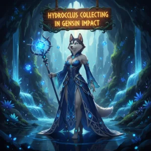 Genshin Impact Hydroculus collecting boost service from Huskyboost.com, showing a character collecting a Hydroculus with a minimap.
