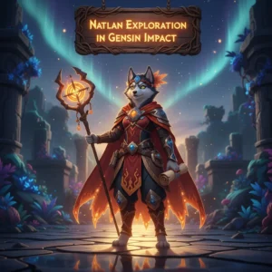 Genshin Impact Natlan 100% Exploration Boost service from Huskyboost. A fiery landscape with Genshin Impact characters exploring.