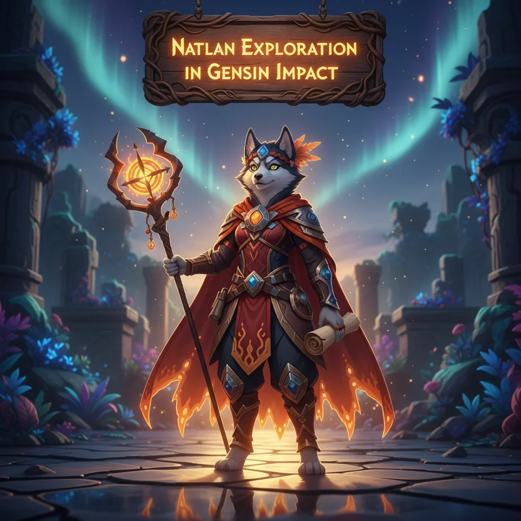 Genshin Impact Natlan 100% Exploration Boost service from Huskyboost. A fiery landscape with Genshin Impact characters exploring.