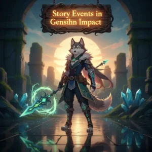 Genshin Impact characters in dynamic poses, showcasing various in-game events and story quests. The image features a vibrant, action-packed scene with elemental effects and iconic landmarks from Teyvat.