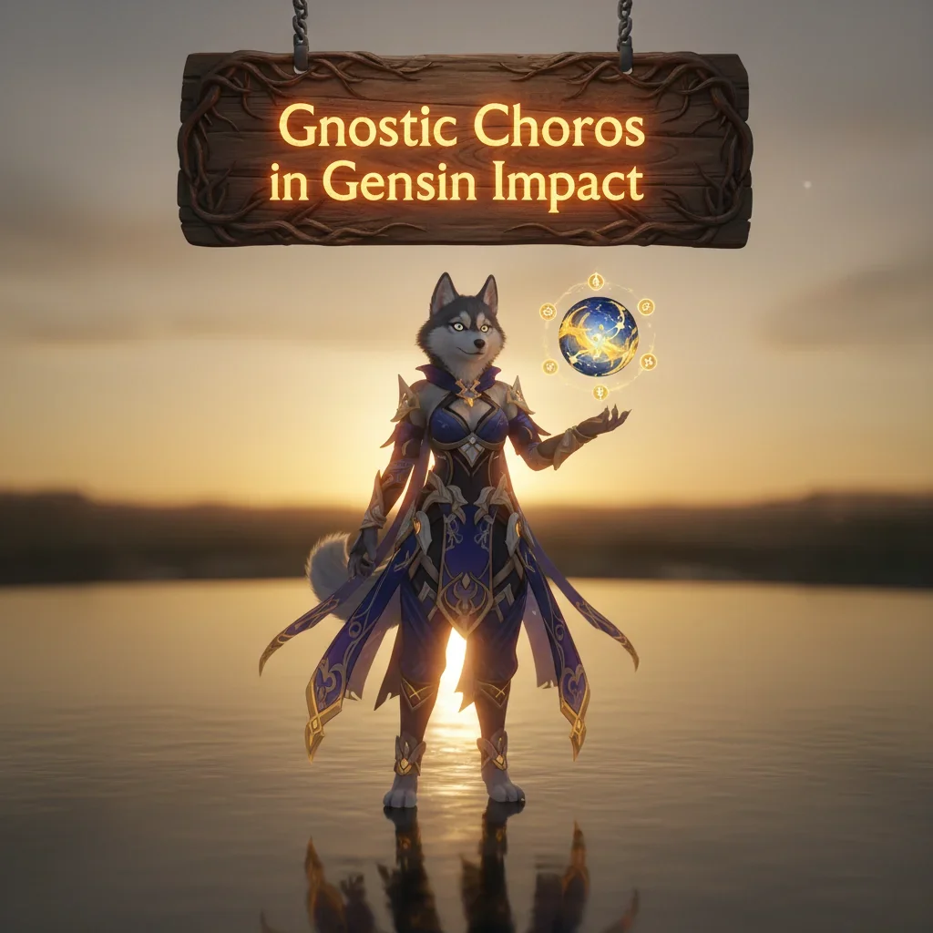 Genshin Impact-inspired artwork featuring an anthropomorphic Husky character in a fantasy setting, related to Gnostic Chorus content.
