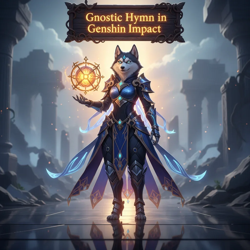 A fantasy game-inspired artwork featuring an anthropomorphic Husky character themed around Genshin Impact's Gnostic Hymn Battle Pass.