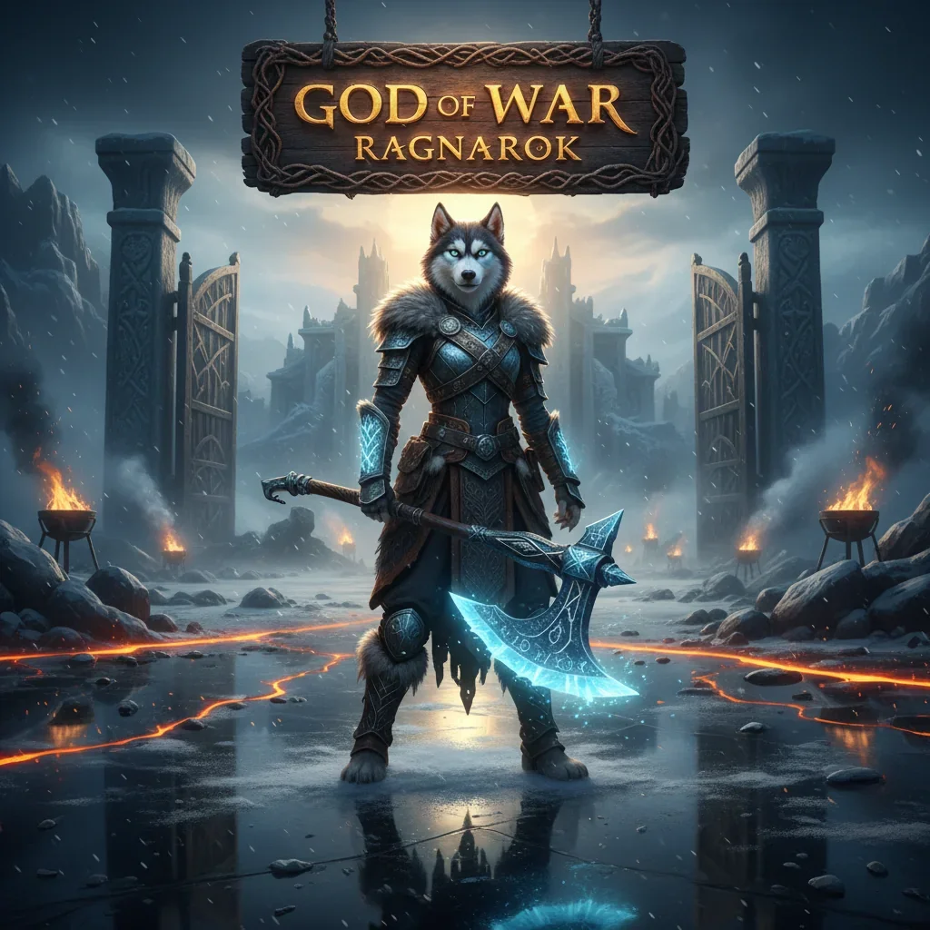 Kratos and Atreus from God of War Ragnarok on a background, showcasing Huskyboost.com boosting services.