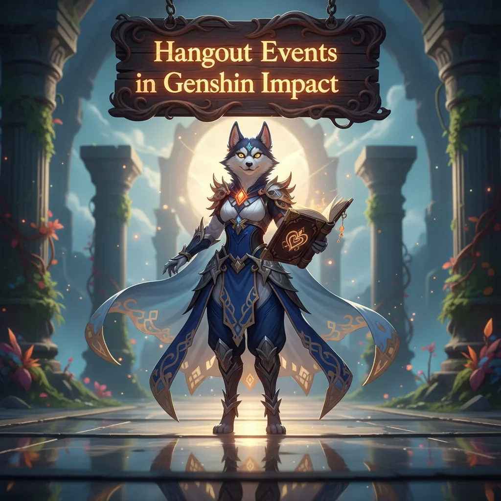 Fantasy artwork of an anthropomorphic Husky character in a game-inspired environment, themed around Genshin Impact's Hangout Events content.