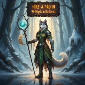 A professional gamer or booster navigating a mystical forest at night, with a subtle HuskyBoost logo integrated into the scene.