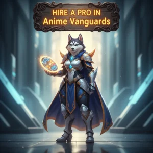 Anime Vanguards character selection screen with a 'Hire a Pro' button highlighted. A diverse team of anime-style heroes are ready for battle.