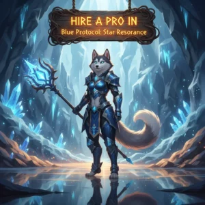 Two characters from Blue Protocol, a male and a female, standing back-to-back in a dynamic pose, with magical effects radiating around them. The male character wields a glowing sword, and the female character has her hands open as if casting a spell. The background is a vibrant, fantastical landscape with a large, glowing resonance crystal in the sky.