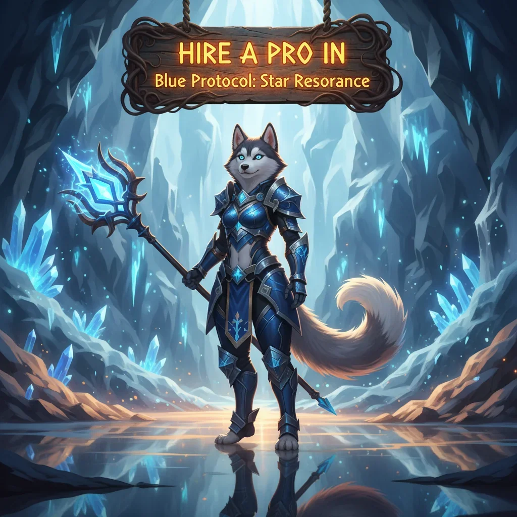 Two characters from Blue Protocol, a male and a female, standing back-to-back in a dynamic pose, with magical effects radiating around them. The male character wields a glowing sword, and the female character has her hands open as if casting a spell. The background is a vibrant, fantastical landscape with a large, glowing resonance crystal in the sky.