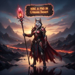 A skilled player character in Crimson Desert stands ready for battle, showcasing intricate armor and a powerful weapon, representing professional assistance.