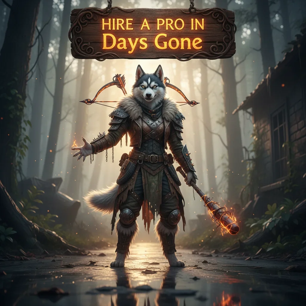 Man riding a motorcycle through a post-apocalyptic landscape, a horde of zombies in pursuit, with the text 'Hire a pro in Days Gone' overlaid.