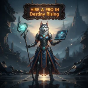 Two guardians in Destiny Rising standing in a victorious pose with glowing weapons, hinting at professional assistance for in-game achievements.
