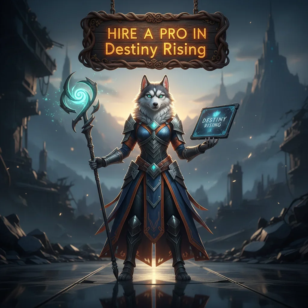 Two guardians in Destiny Rising standing in a victorious pose with glowing weapons, hinting at professional assistance for in-game achievements.