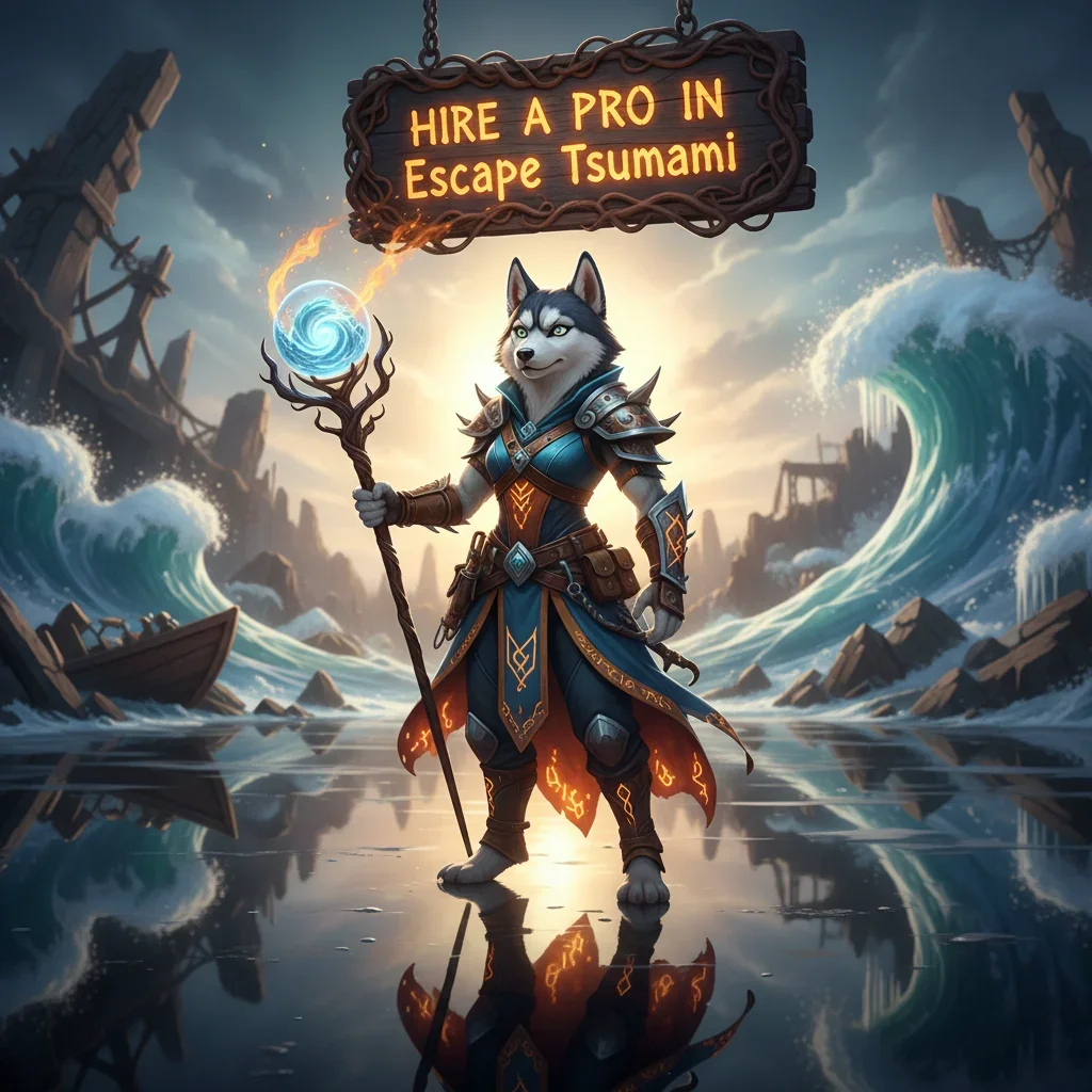 Professional gamer navigating a giant wave in Escape Tsunami, showcasing expertise and quick reflexes.