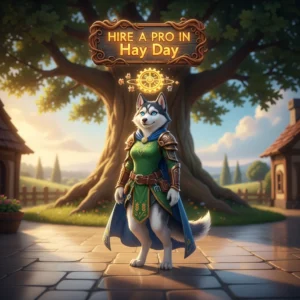 A Hay Day farm bustling with activity, showing various farm elements like crops, animals, and production buildings, suggesting the need for skilled help to manage and optimize. The scene conveys a sense of growth and productivity, with a focus on efficient resource management.