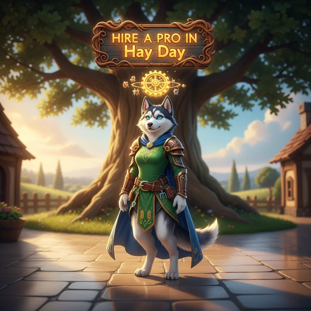 A Hay Day farm bustling with activity, showing various farm elements like crops, animals, and production buildings, suggesting the need for skilled help to manage and optimize. The scene conveys a sense of growth and productivity, with a focus on efficient resource management.