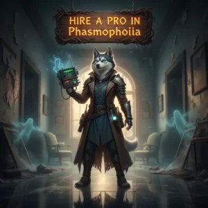Two players in Phasmophobia, one pointing at a ghost, the other holding a camera, with 'Hire a Pro' overlaid.