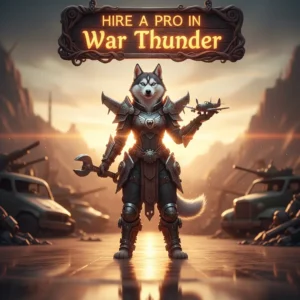 Professional War Thunder player in a tank, aiming with precision, with 'Hire a Pro' overlaid, on a gaming website background.