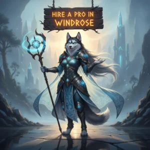 A professional gamer or booster at a desk, surrounded by gaming equipment, with a focused expression, in a stylized Windrose-themed setting. The image should convey skill, efficiency, and professionalism.