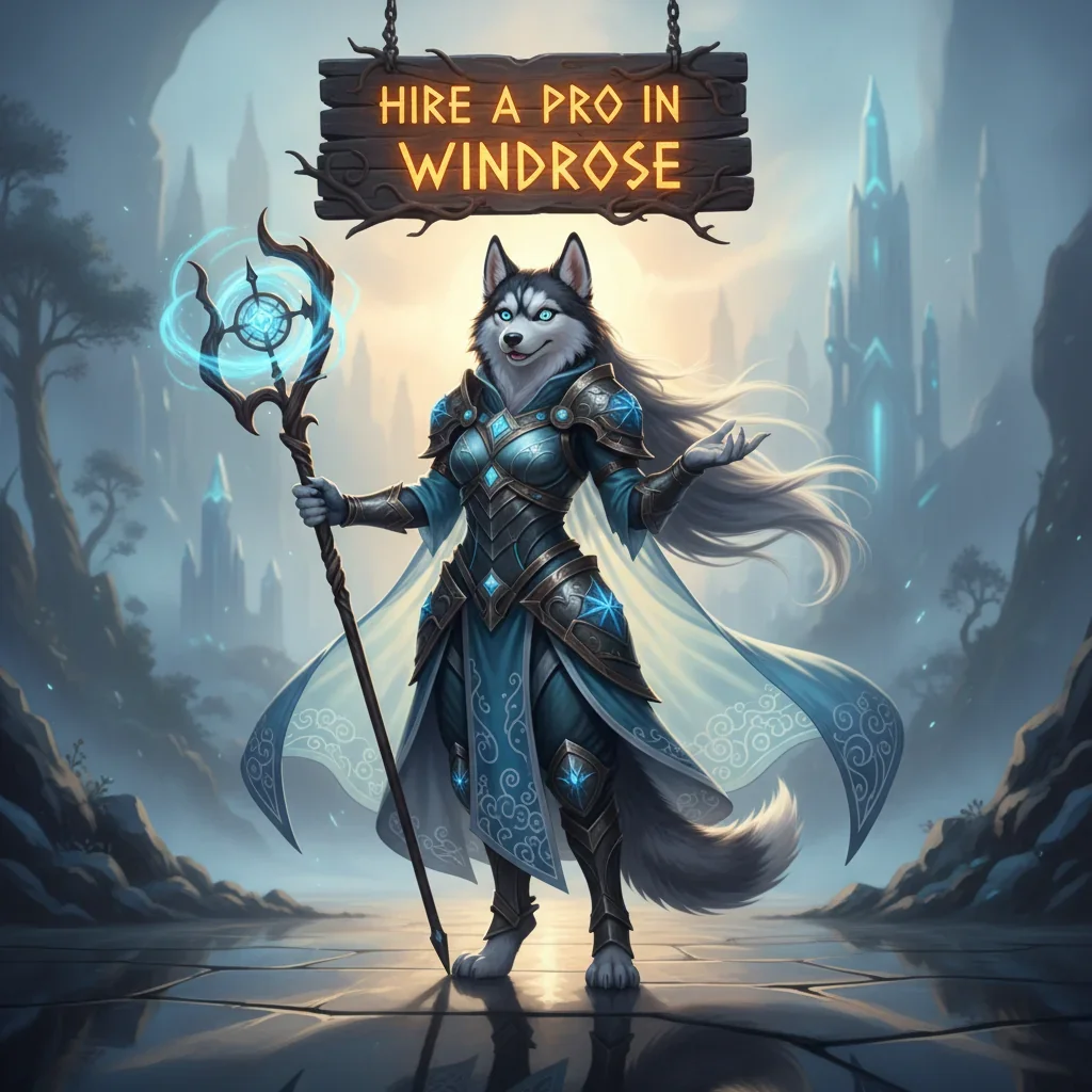 A professional gamer or booster at a desk, surrounded by gaming equipment, with a focused expression, in a stylized Windrose-themed setting. The image should convey skill, efficiency, and professionalism.